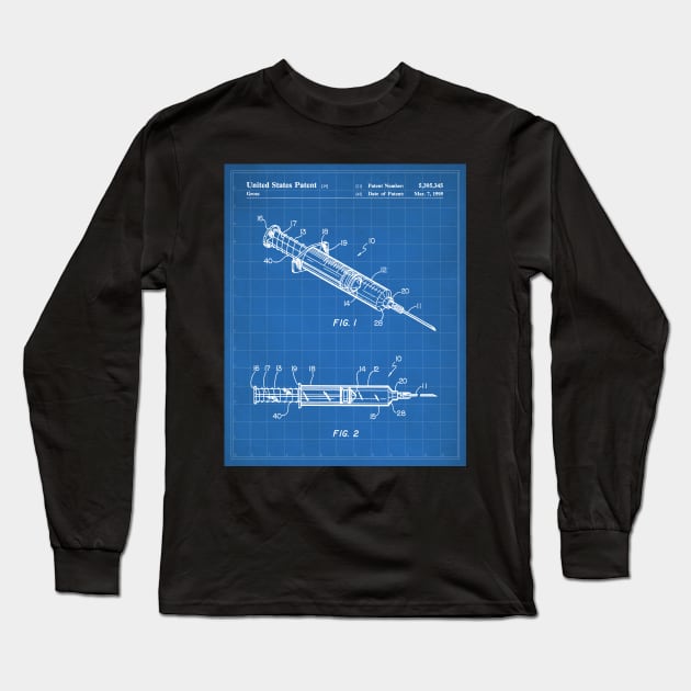 Medical Syringe Patent - Doctor Nurse Doctors Office Art - Blueprint Long Sleeve T-Shirt by patentpress